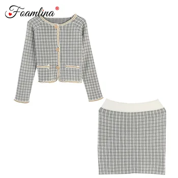 

Foamlina Elegant Women Autumn Clothing Set O Neck Long Sleeve Buttons Cardigan and Pencil Skirt Suits Knitted Two Pieces Sets