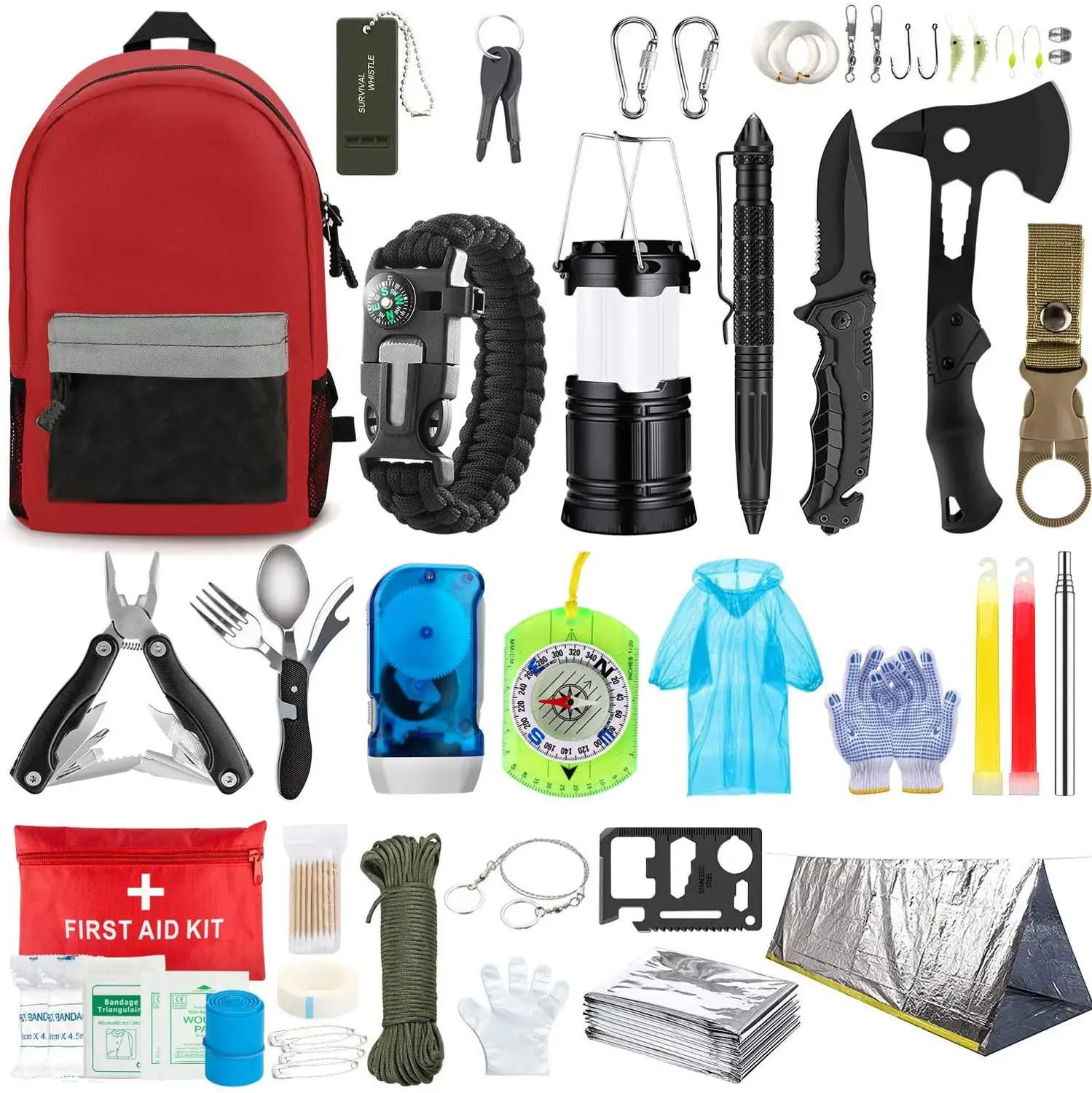Emergency Survival Tool 101 Pcs Camping Equipment Survival Gear First Aid Kit Outdoor Trauma Bag with Survival Axe Flashlight