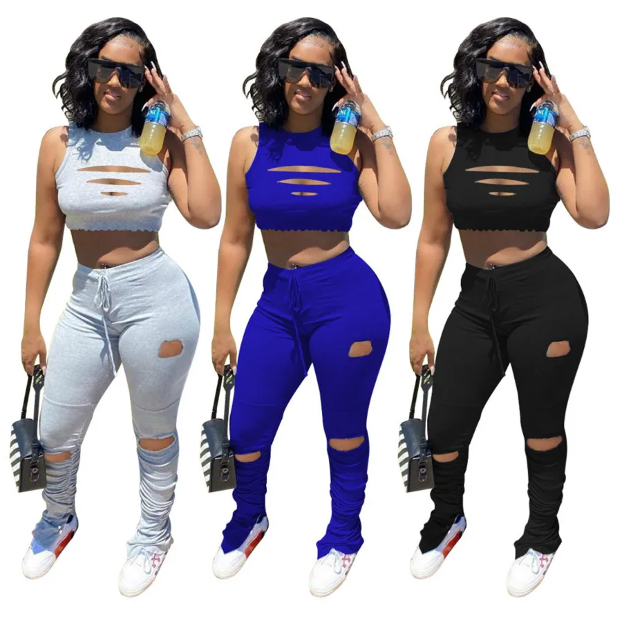 

2020 European and American hot selling women's fashion and leisure burnt flower broken hole and pleat set