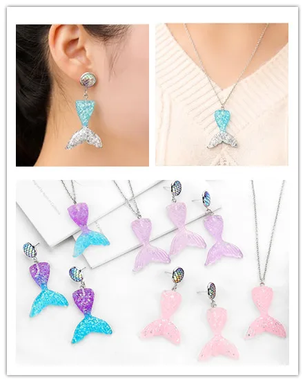 Mermaid Tail Jewelry Sets Fashion Multicolor Creative Resin Pendants Necklace Earrings Women Best Gifts For Girlfriend