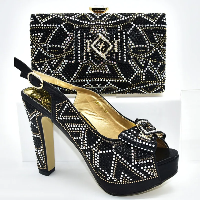 Модный комплект из туфель и сумочки в африканском стиле; Итальянские женские вечерние туфли-лодочки в нигерийском стиле; женские итальянские туфли-лодочки и сумочка в африканском стиле для вечеринки - Цвет: Черный