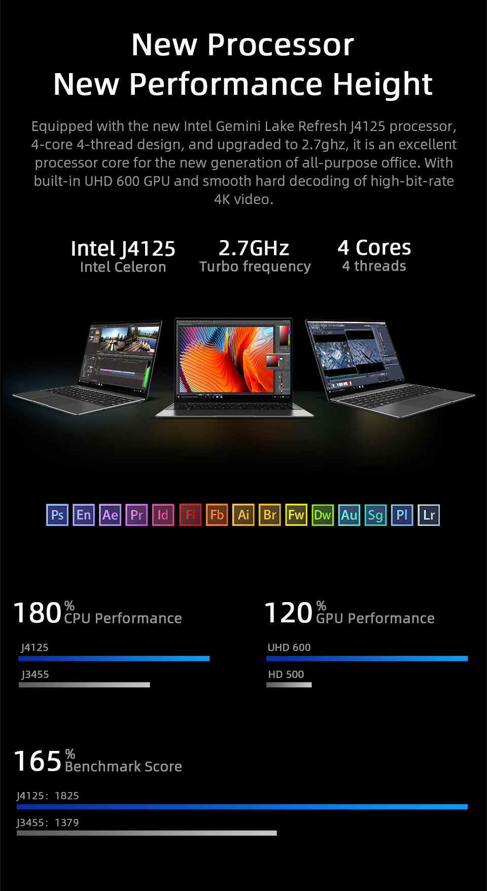 CHUWI GemiBook Pro 14 inch 2K Screen Laptop 8GB RAM 256GB SSD Intel Celeron Quad Core Windows 10 Computer with Backlit Keyboard
