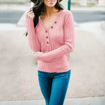 

Casual and simple women's pure color slim pullover top button V neck comfortable body long sleeve sweater