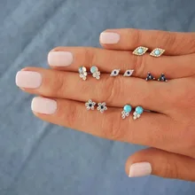 6Pairs Boho Rhinestone Earings Fashion Jewelry For Women Chic Flower Triangle Evil Eye Silver Stud Earrings Set Aretes De Mujer