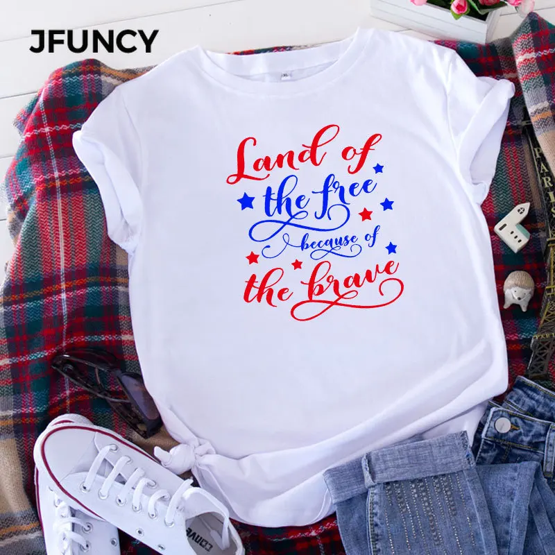 

JFUNCY Plus Size Summer Women Cotton T Shirts Land of The Free Female Tees Casual Short Sleeve Woman T-shirt Lady Tops 2020