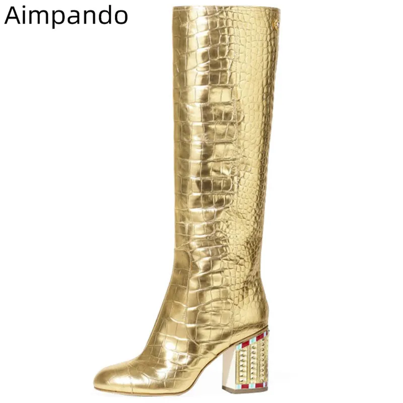 

Crocodile Pattern Boots Woman Round Toe Side Zippers Party Bottes 2019 Chic Square High Heel Solid Gold Autumn New Boots Woman