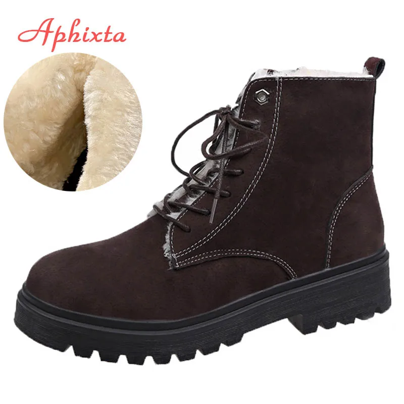 Beige Aphixta/зимние ботинки; женские ботильоны для женщин; Теплая обувь на меху со шнуровкой и молнией; женская обувь на Плоском Каблуке; botas mujer; большой размер 43 - Цвет: Beige