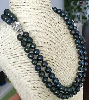 

double strands 9-10mmTahitian black green round pearl necklace18"19"