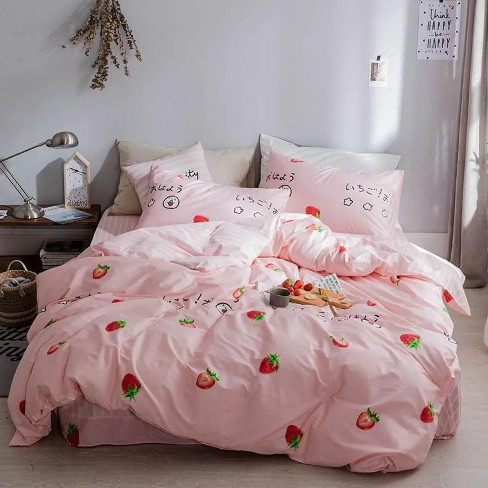 

2019 Fresh Pink Strawberry Bed Cover Duvet Cover Set Cotton Bedding Set Bedlinens Twin Queen King Flat Sheet Fitted Sheet