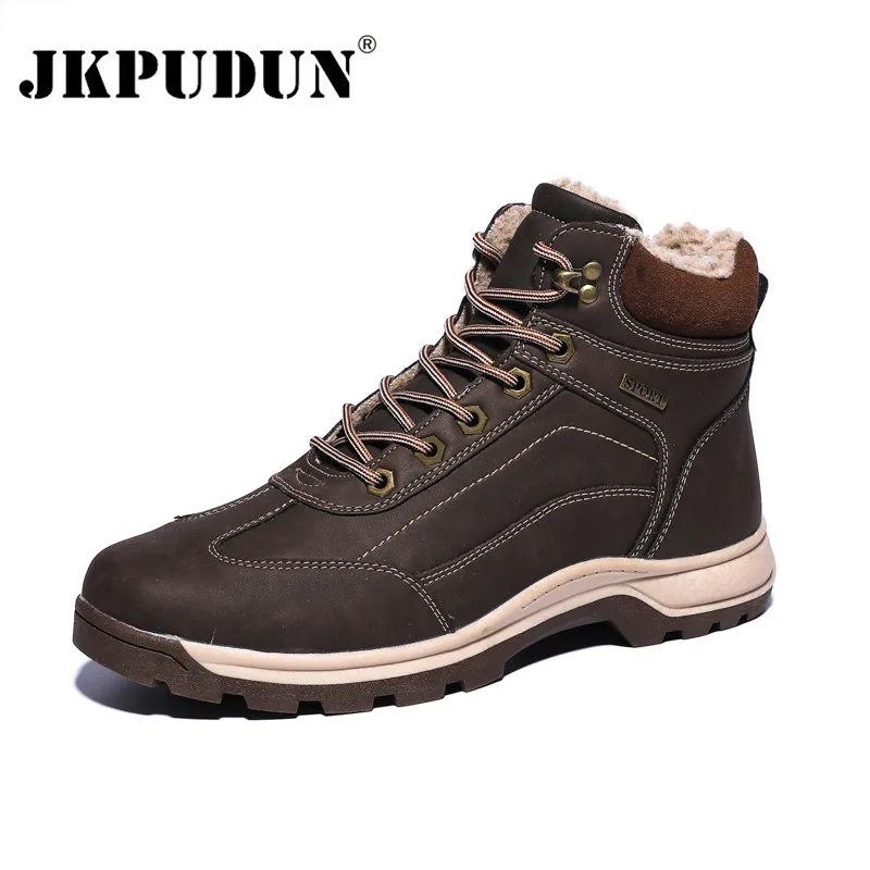 

Genuine Leather Men Boots Winter with Fur Waterproof Warm Snow Boots Men Winter Work Casual Shoes Military Ankle Boots JKPUDUN