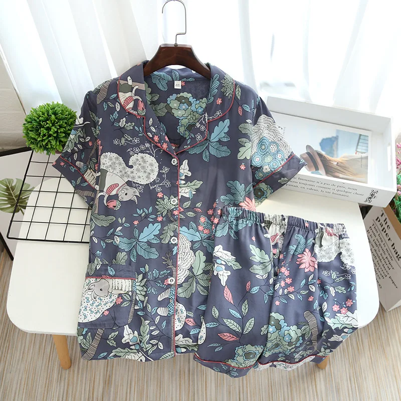 summer new women's pajamas thin section short-sleeved shorts large floral print pajamas home service ladies pajamas for women