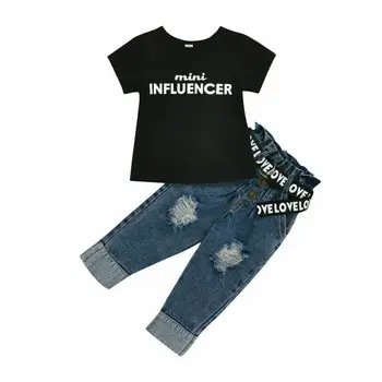 

AA Summer Children Girl Clothes Tops Black T-Shirt Denim Pants Outfits 2PCS Children Kids Clothing Set