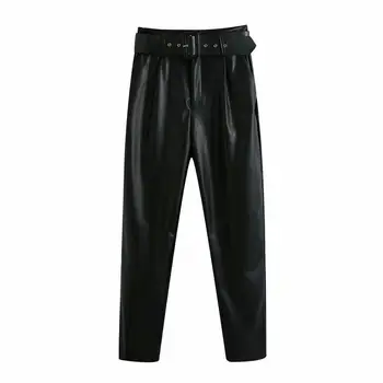 

2020 New Autumn Winter Women Hight-waist Faux Leather Belted Trousers Female Pants pantalon femme mujer