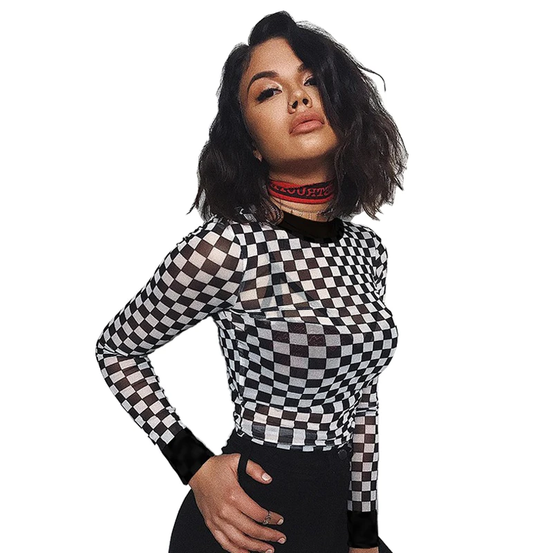 BKMGC женские сексуальные блузки сетчатые прозрачные клетчатые Топы с длинным