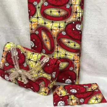 

3pc Set Ankara bag +African Print Zipper Pouch Matching 6yards Ankara Wax Print Fabrics In Red For African Wedding DFB-3