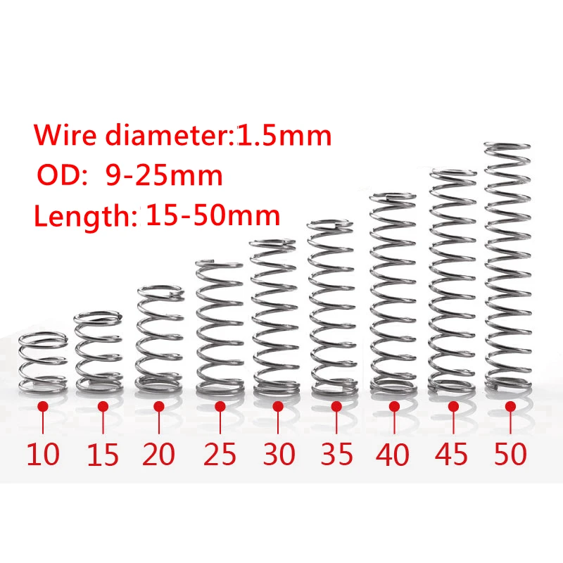 

10PCS Wire Diameter 1.5mm 304 Stainless Steel Compression Spring OD 9-25mm Length 15mm to 50mm Rotor Return Compressed Spring