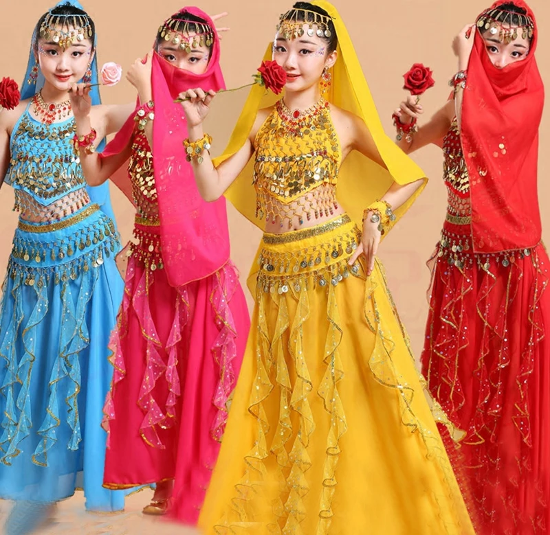 5pcs Kid Belly Dancing Costumes Set Top Shirt+Head Scarf +Bracelet+Waist Chain+Skirts Stage Performance Girls Outfits 4-10T | Детская