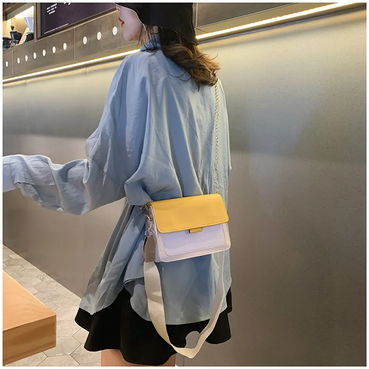 

Mixed Colors Square Sling Bag WOMEN'S Messenger Bag Korean-style Versitile Fashion Contrast Color File Holder Simple Wide-Strap