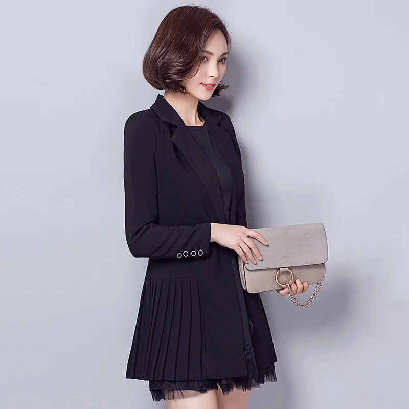 

South Korea Spring New Products Mid-length Pleated Slim Black Small Suit Coat WOMEN'S Long Sleeve Leisure Suit