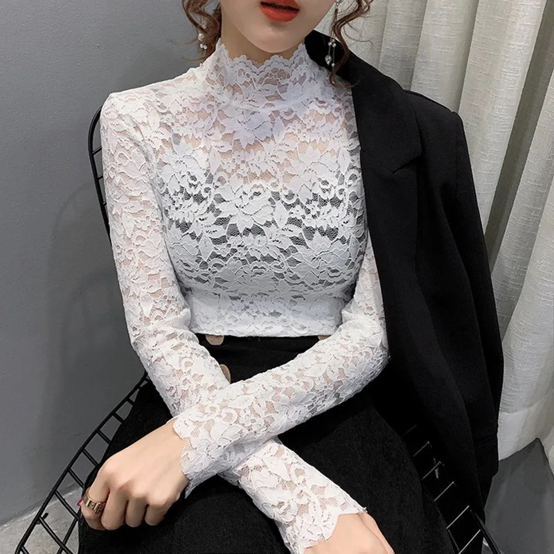 Sexy Women Mesh Lace Base Shirt Long Sleeve Transparent Undershirt Net Hollow Out Bottoming Shirt Half Turtleneck Tops Base