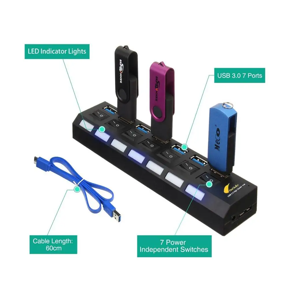 Asunflower 7 портов Высокоскоростной USB 3,0 концентратор разветвитель для ноутбука Настольный удлинитель USB порт несколько usb-хаб 3,0 с адаптером питания