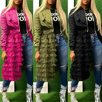 

NEW Women Mesh Sheer Zipper Long Sleeve Ruffle Solid Color Jacket Long Coat
