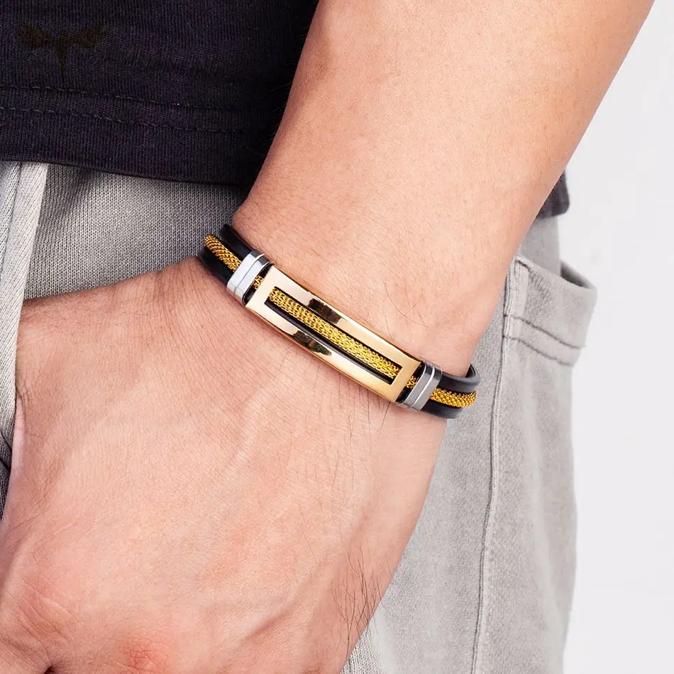 Men Stainless Steel Bracelets Black Silicone Wristband Belt with Golden Chain Cool Wrap Cuff Bangle Fashion Jewelry Accessories bangle bracelet,chain bracelet,stainless steel bracelet