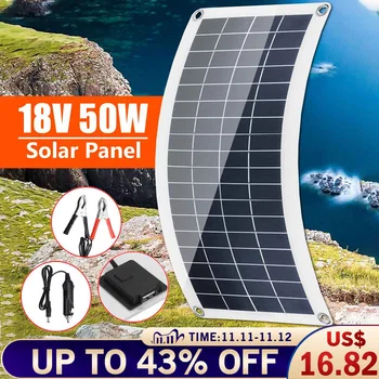 

50W 18V Solar Panel Kit with Charge Controller USB Port Off Grid Module with Connection Cable Kits for Camping Car Boat Marine