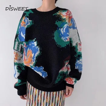

Retro Print Women'S Sweater Winter Plush Long Sleeve Loose Korean Sweater Woman Simple Warm Knit O-Neck Sweater Ladies 2019