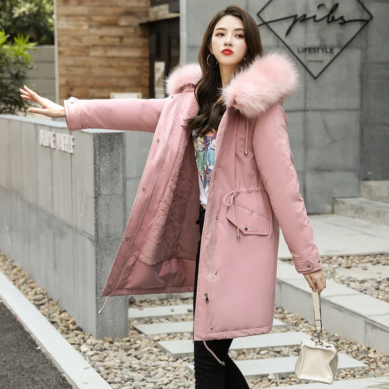 Orwindny пуховик женский Casaco Feminina длинная парка с капюшоном женские куртки большой меховой теплый зимний жакет женские XS-2XL пальто из овечьей шерсти женские - Цвет: Розовый
