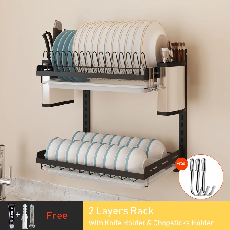 2 layers B Беспробиваемая кухонная стойка DIY настенная подвесная черная тарелка из нержавеющей стали чаша-держатель нож вилка стеллаж для хранения Органайзер инструмент 08175 - Цвет: 2 layers B