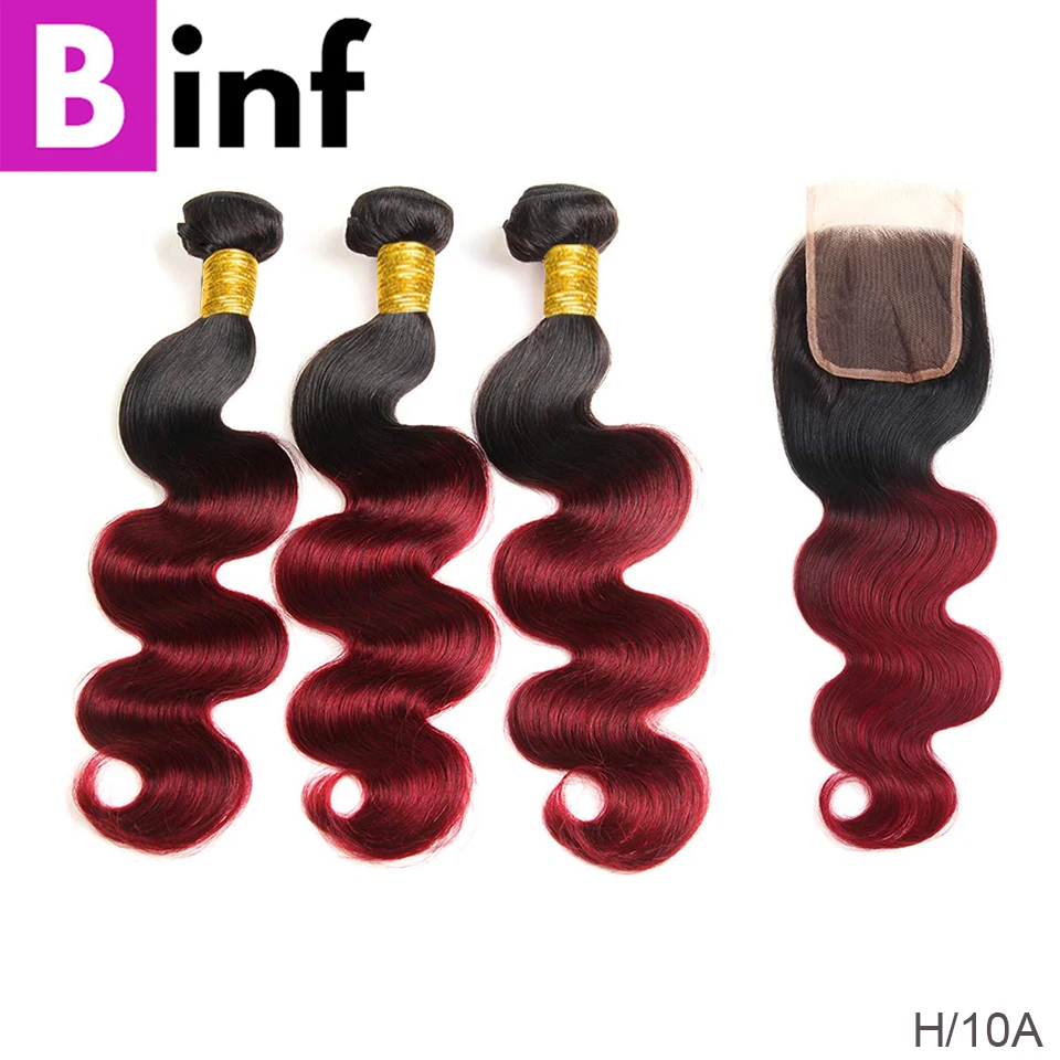 BINF 1B/бордовый пучки с закрытием бразильские волнистые волосы Remy 3/4 4X4 закрытие