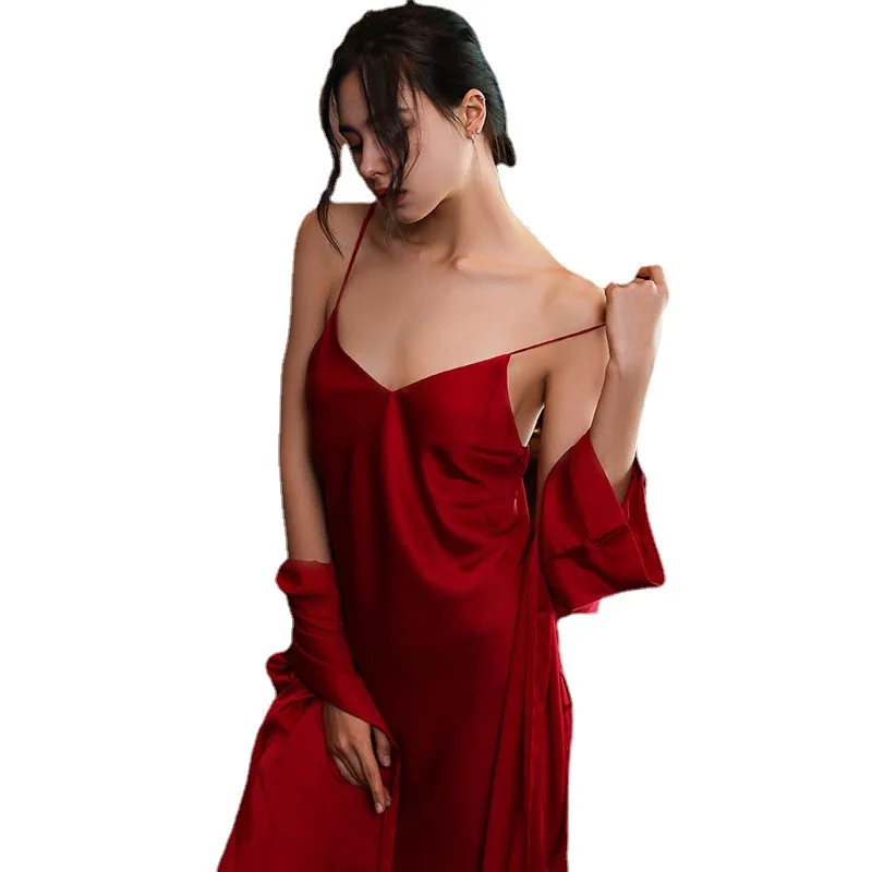 Solid Color Sleepwear Intimate Lingerie Sexy Homewear Nighty&robe Women 2Pcs Robe Nightdress Set Rayon Silk Bathrobe Nightgown
