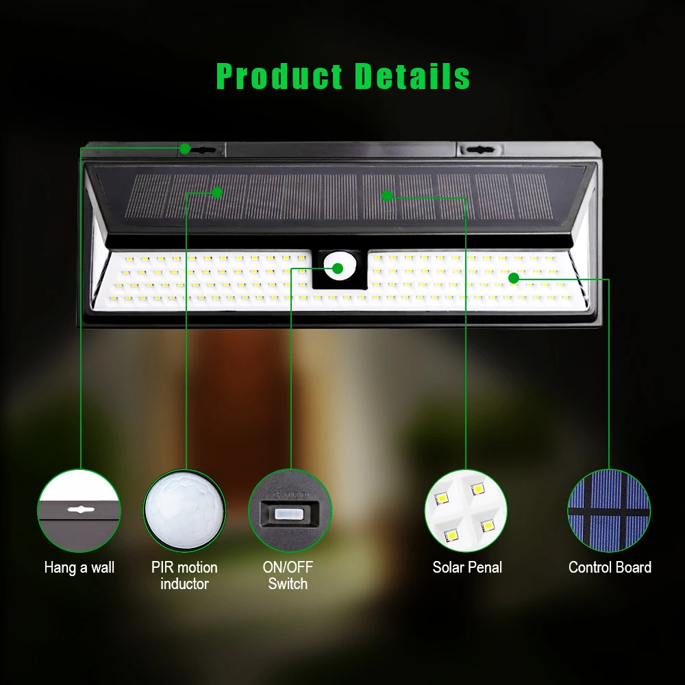 Modos de Energia Livre à Prova Luz ao ar Solar Sensor Movimento Parede Dwaterproof Água Brilhante Poupança Energia Quintal Jardim Lâmpada 118 Led 3 Pir Mod. 128729 5 Lâmpadas solares