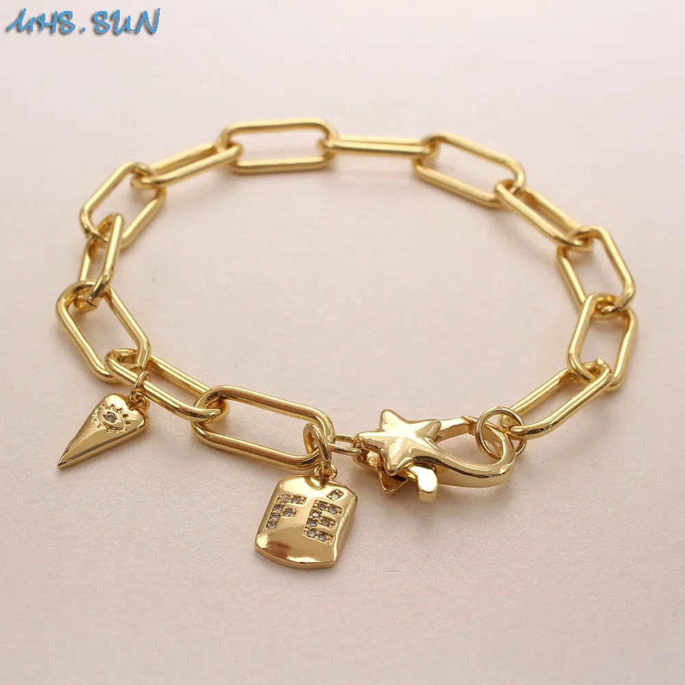 MHS.SUN Women Zircon Moon/Star/Heart Pendant Bracelets Vintage Chunky Chain Girls Bracelet Luxury AAA CZ Jewelry 1Pcs/lot | Украшения и