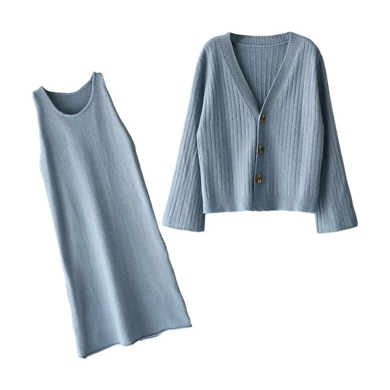 

2019 Autumn Orange Dress New Korean Women Loose Cardigans and Tank Dress Suit Two Pieces Knitted Women's Sets