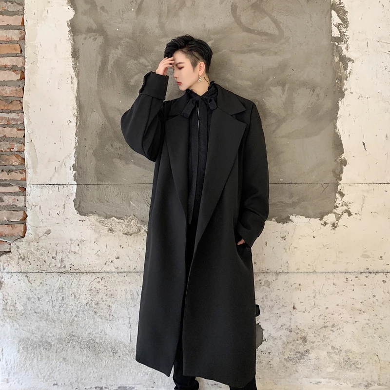 Мужская винтажная модная свободная длинная куртка-Тренч, Мужская Уличная одежда в стиле хип-хоп, готика, повседневная черная ветровка, пальто-Тренч