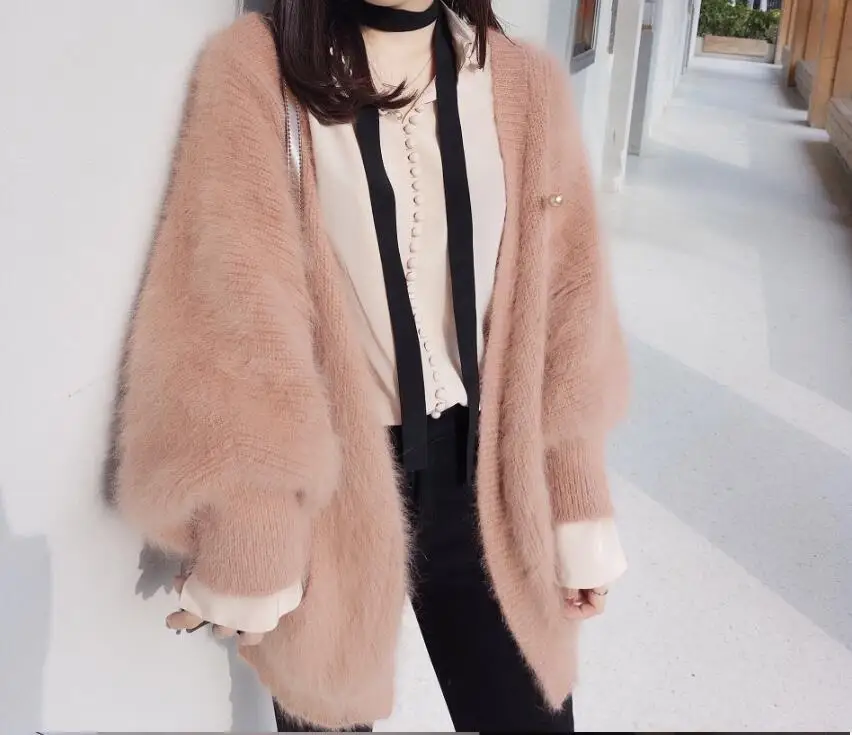 

Утолщенный вязаный кардиган из искусственной шерсти с длинным ворсом и V-образным вырезом, свитер с длинными рукавами-фонариками и имитацией бархата, пальто, топы, Свитер оверсайз