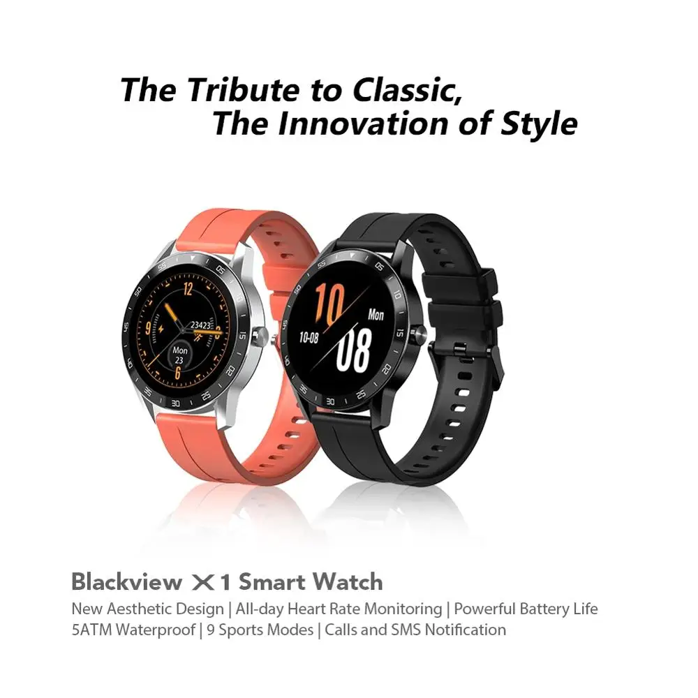 Blackview X1 Smart Watch TPU Strap, 1.3" TFT Screen 5ATM Waterproof