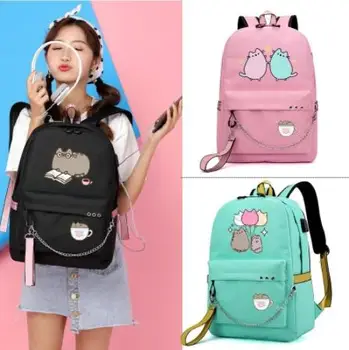 

Kawaii Fat Cat Reading Book USB Port Backpack With USB Charging Chain Headphone Port School Bags Travel Book Laptop Cartoon