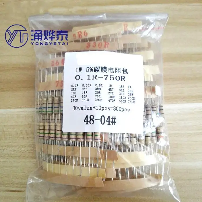 

YYT 300pcs Resistor Kit 1W 5% 30 valuesX10pcs Carbon Film Resistance 0.1-750 ohm Set