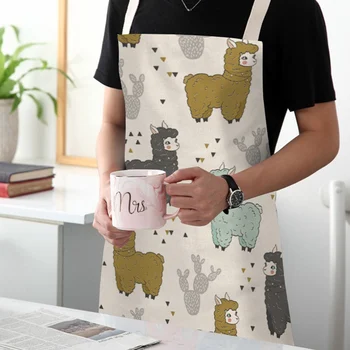 

1Pcs Kitchen Apron Waterproof Cute Alpaca Printed Cotton Linen Apron Kitchen Cooking Men Women Home Cleaning Tools