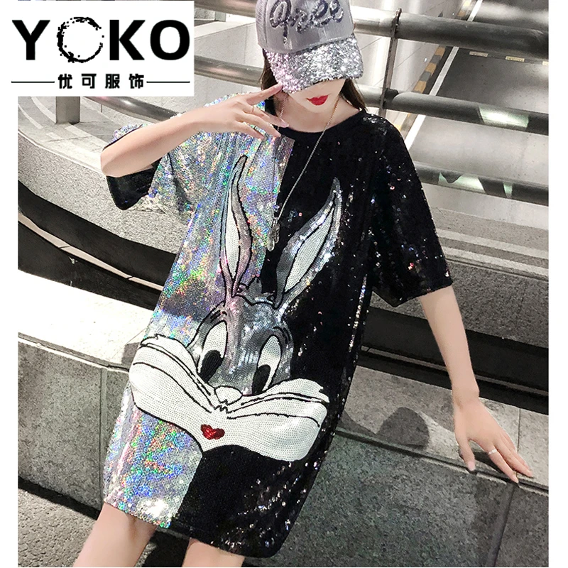 YOKO блестящие мультфильм длинный Блестящая футболка для женщин в стиле хип-хоп лето новая модель куртки с хлопковой подкладкой в Корейском стиле, свободная футболка с короткими рукавами рубашка с блестками