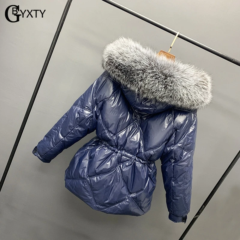 GBYXTY, роскошное плотное пуховое пальто с капюшоном из лисьего меха, Женское зимнее приталенное пуховое пальто с высоким воротником и длинным рукавом, пуховое пальто с перьями, ZA1840