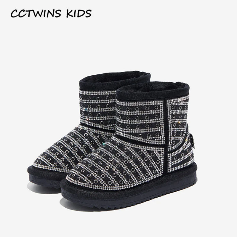 CCTWINS/детская обувь; коллекция года; Сезон Зима; брендовые зимние ботинки для маленьких девочек; детская обувь из натуральной кожи; короткие ботинки со стразами для малышей; SNB163 - Цвет: Черный