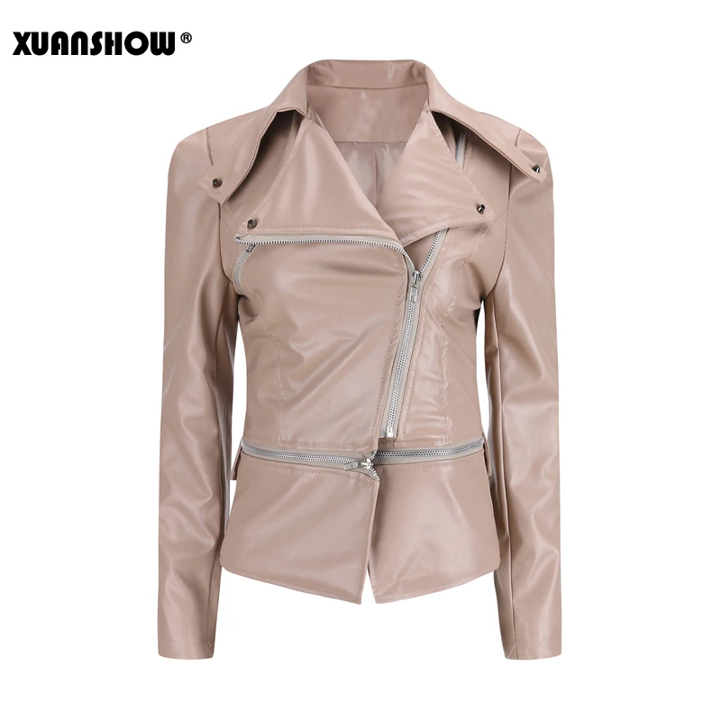 Beige XUANSHOW, осенне-зимняя кожаная куртка, длинный рукав, заклепки, карман, Женская мотоциклетная кожаная куртка, пальто на молнии, искусственная кожа, одежда, топы - Цвет: Beige