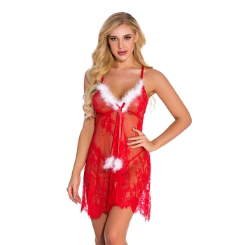 

Christmas Sexy Red Women lingerie Europe and America Front Fork Christmas Outfit Perspective Slip Dress Sexy Underwear