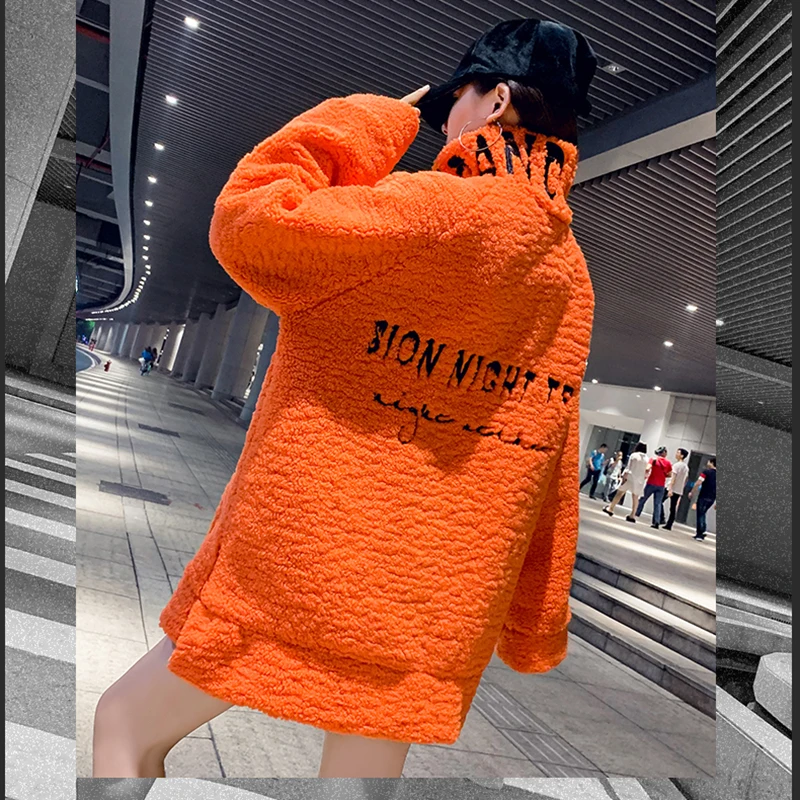 Orange lamb wool coat women 2020 autumn winter new