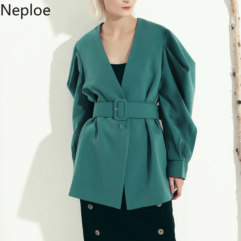 

Neploe Retro Solid Blazers V Neck Batwing Long Sleeve Solid Jacket Slim Waist Belt Single Button Coat Autumn Spring Coat 47612