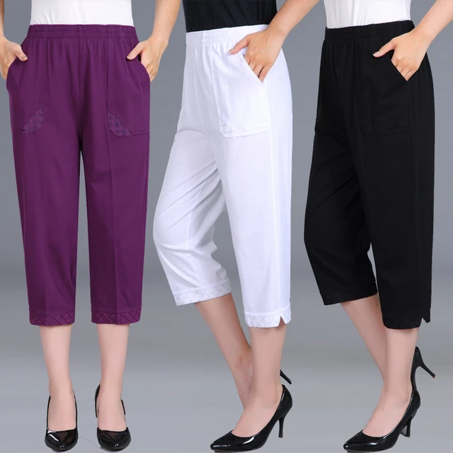 Pantalones capri holgados para mujer, Capris femeninos de talla grande 4XL,  informales, con cintura elástica, de algodón puro, ropa de verano, 2023 -  AliExpress